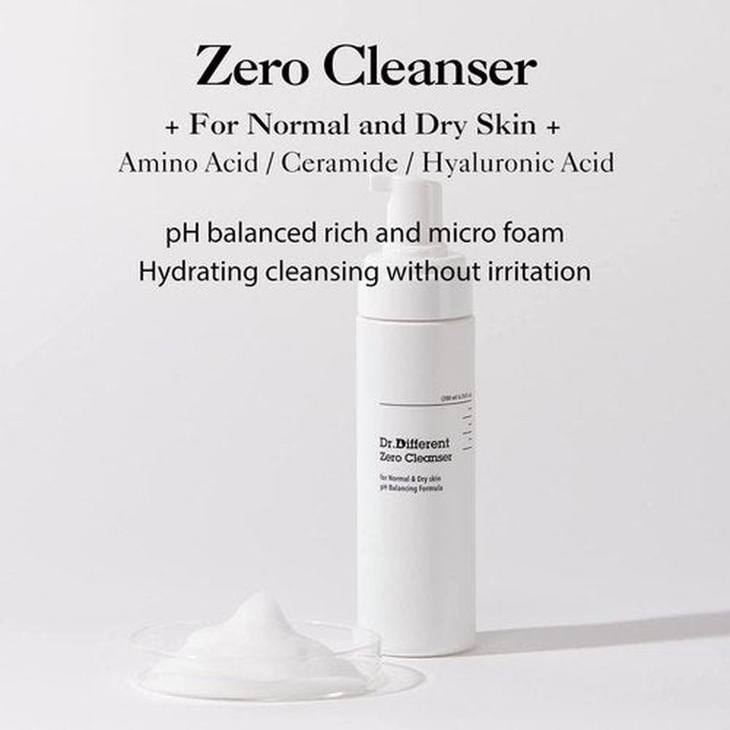 Dr.Different Zero Cleanser - Hypoallergenic pH 5.5 Foaming Face Cleanser with Hyaluronic Acid & Ceramide | 6.76 fl. oz.