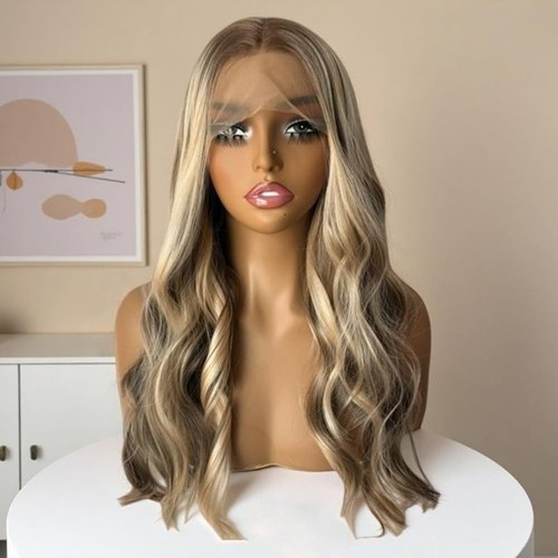 Long Wavy Highlight Ombre Light Blonde Synthetic Heat Resistant Lace Front Wigs with Dark Roots Pre plucked Frontal #26/613 Body Wave Balayage Blonde Wig for Women 13x4 HD Lace Middle Part 22 Inch