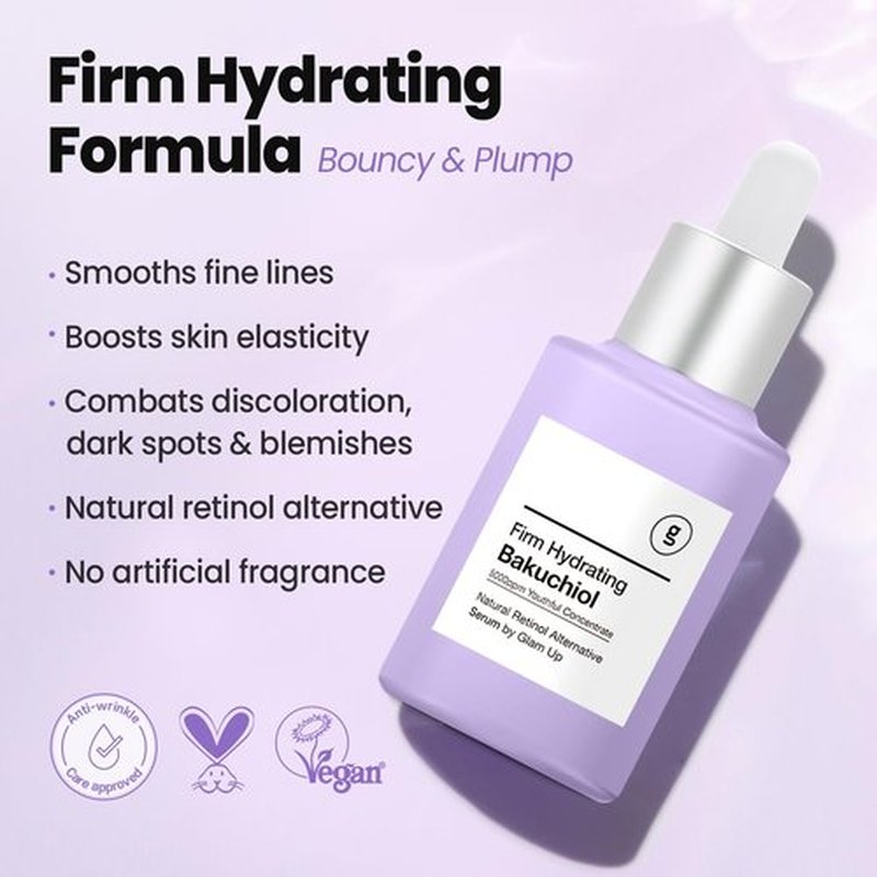 Glam Up Bakuchiol Serum - Anti-Aging Retinol Alternative with Hyaluronic Acid | Hydrate & Blur Fine Lines (1.01 Fl Oz)
