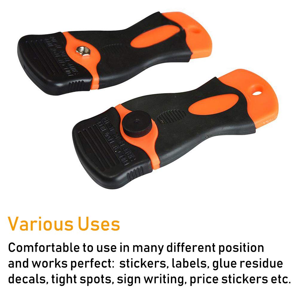 CANOPUS Plastic Razor Blade Scraper with 10 Double Edged Plastic Replacement Blades, Suitable to Remove Glue, Stickers, Decals, Gaskets, Auto Window Tint Vinyls, Black-Orange