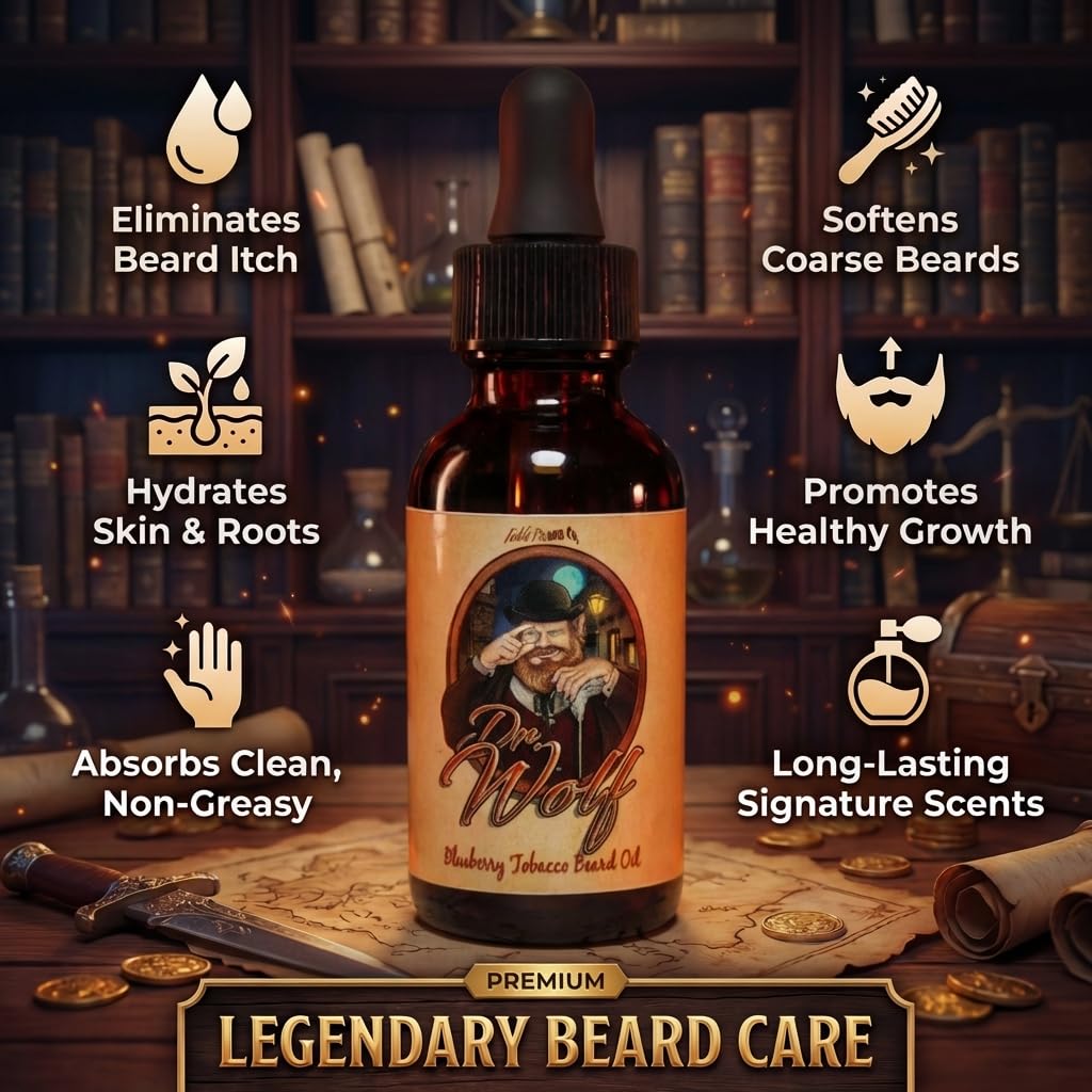 Fable Beard Co. Beard Oil - Dr. Wolf, Fresh Blueberries, Warm Tobacco, & Aged Mahogany, Natural Beard Oil for Men with Jojoba & Argan Oils, Vitamin E, Beard Hair Softener, Made in USA (1 Fl Oz)