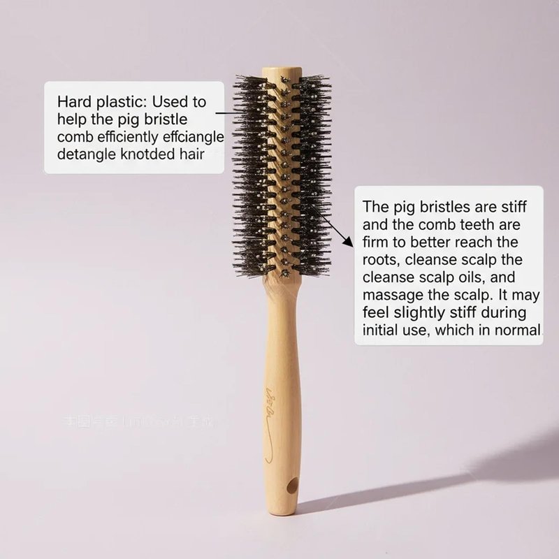 Vista Round Brush Bamboo with Pin Tail Comb Natural Boar Bristle Hair Brush Round for Blow Drying for Women Hairbrush for Wet or Dry Hair Detangling Smoothing Massaging