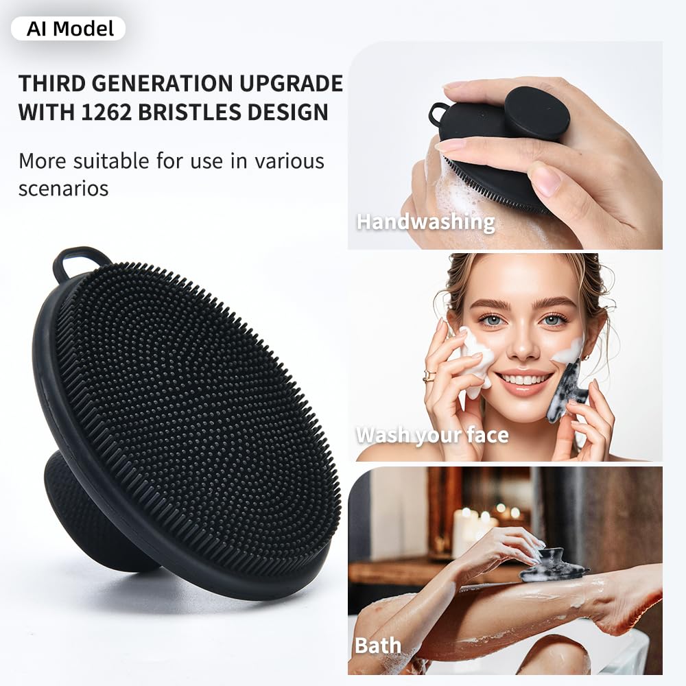 Face Scrubber,Silicone Face Scrubber for Men Women,Third Generation Upgraded 1262 Soft Bristle Manual Cleansing Brushes,Suitable for All Skin Types,face exfoliating Cleaning Brush (Black) (Large)