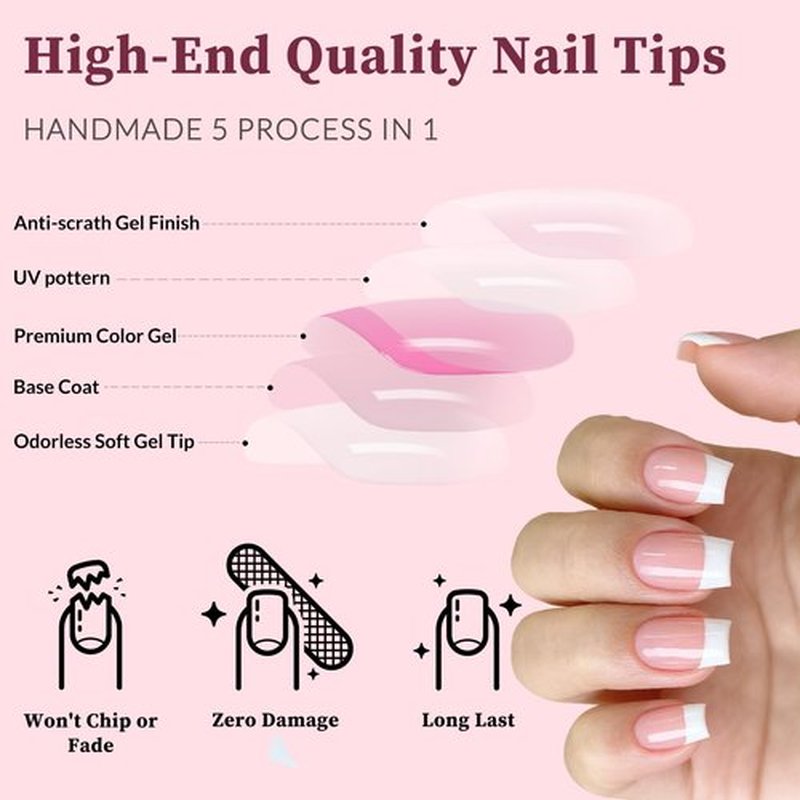 Lifextol 120PC White French Tip Press on Nails Short Fake Nails Press ons with 5*Adhesive Tabs, Pink Square Acrylic Nail Press on Nail French Tip Nails False Artificial Fingernails Stick on Nails-F