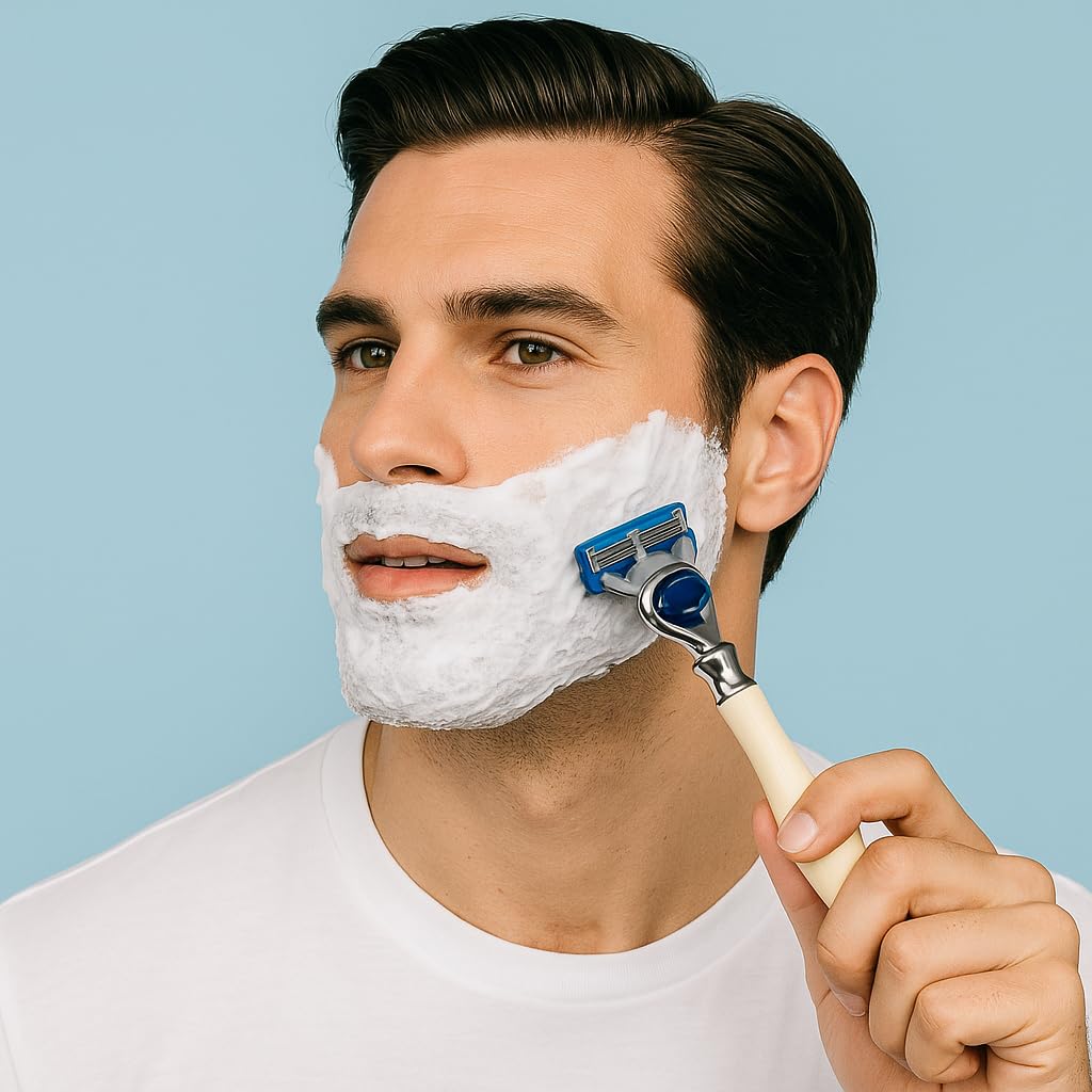 GENTS Men's Shaving Kit - 5 Blade Fusion Compatible Razor with Faux Ivory Handle, Sandalwood Shave Cream, Leather Case & Refill Cartridge - Premium Gift Set