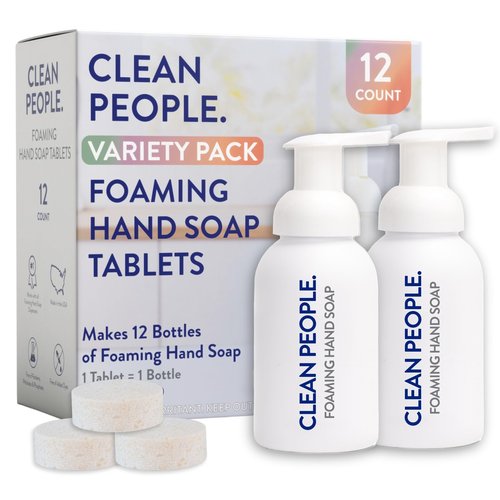 THE CLEAN PEOPLE Scented Variety Pack Foaming Hand Soap Tablets - Mess Free, Gentle on Skin, Makes 12 x 8 fl oz Bottles of Soap (12 Count & 2 Dispensers, Variety Pack)