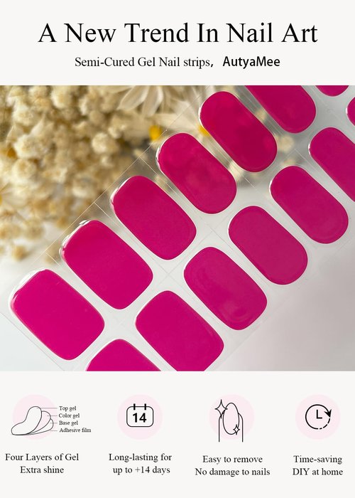 AutyaMee Semi Cured Gel Nail Strips (Berry Pink), 20 Pcs Gel Nail Wraps, Stickers, UV Light Required, Salon Quality, Long Lasting