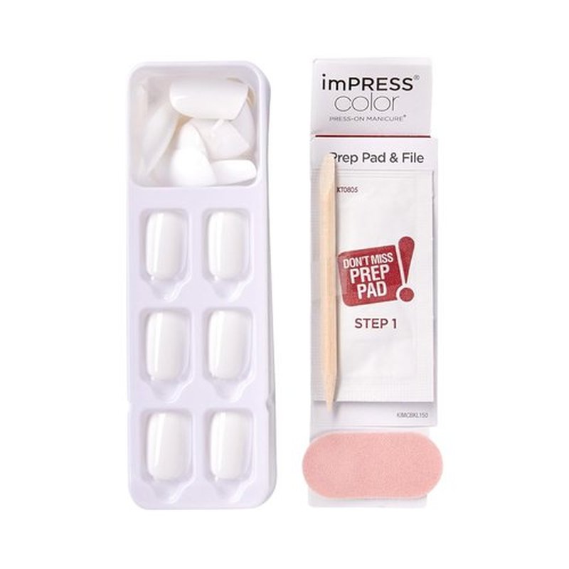 KISS imPRESS Press-On Nails - No Glue, Frosting White, Short Squoval Shape | 30 Nails + Accessories