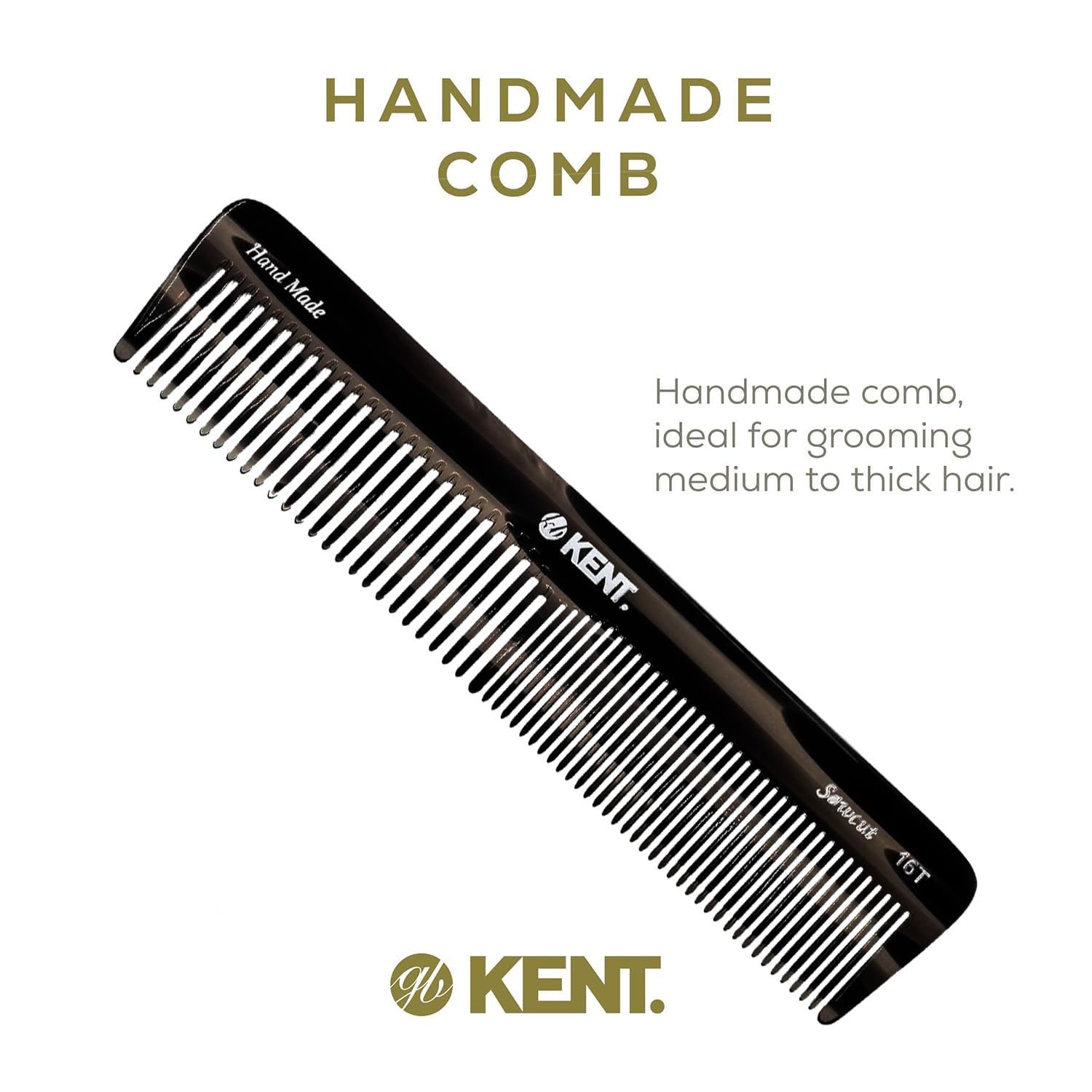 Kent 16T G Black Graphite Fine and Wide Tooth for Daily Grooming, Handmade Styling Comb for All Hair Types, Wet or Dry Hair Detangling Comb for Men and Women, Saw Cut Hand Polished, Made in England