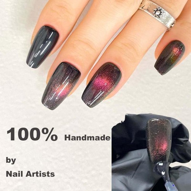 Redykat 30PCS Handmade Glossy Short Coffin Press On Nails, Cat Eye Press on Nails, Salon Quality Nail art, Magnetic Acrylic Fake Nails, False Nails (Chase the Moon)