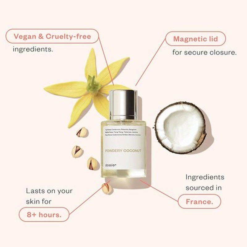 Dossier - Powdery Coconut Perfume | Inspired by T. Ford Soleil Blanc | 1.7 Fl Oz (50ml) - Vegan & Paraben Free