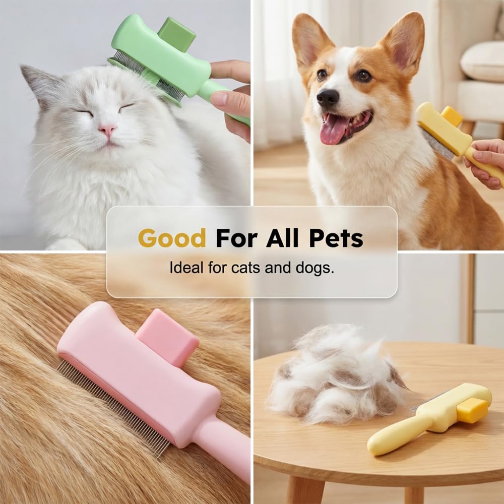 Spwejsr Cat Self Cleaning Pet Hair Removal Comb, One-Click Self-Cleaning Brush with Stainless Steel Teeth & Release Button, De-Shedding Comb for Cats & Dogs Long & Short Hair (Green- High-Low Teeth)