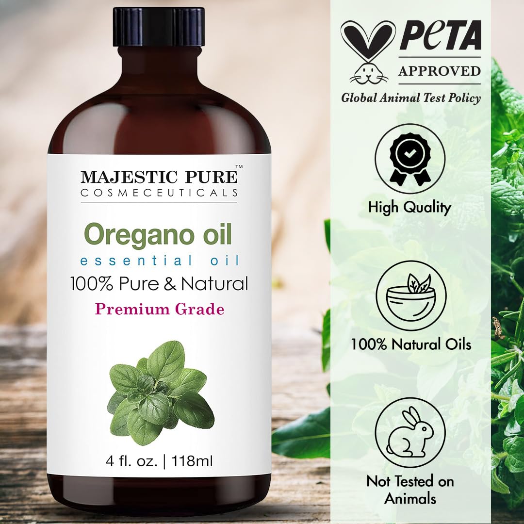 Majestic Pure Essential Oil with Glass Dropper - 100% Pure and Natural - Essential Oils for Diffuser, Aromatherapy, Soap and Candle Making, Oregano Essential Oil, Oregano Oil, 4 Fl Oz