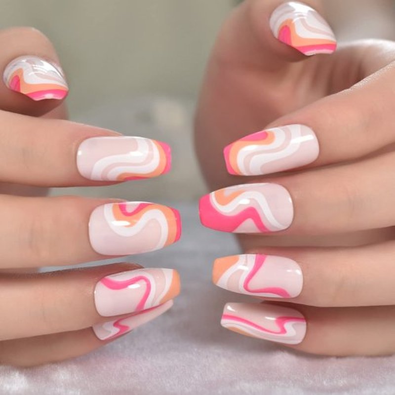 Pink Orange White Swirls, Medium Coffin Fake Nails, Glossy Design Nails Art Acrylic Full Cover Fake Nails, Women Girls Gift False Nails, Nails Stickers, Daily Date Festival Faux Ongles 24 pcs/kit