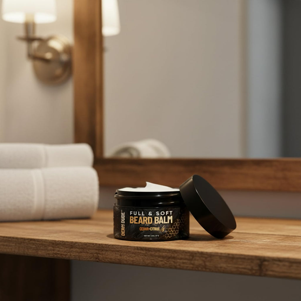 Derm Dude Full and Soft Beard Balm for Men – Conditioning Balm with Natural Oils for Growth, Softness & Styling – Tames Frizz, Hydrates Skin – Non-Greasy - Island Rum, 2oz