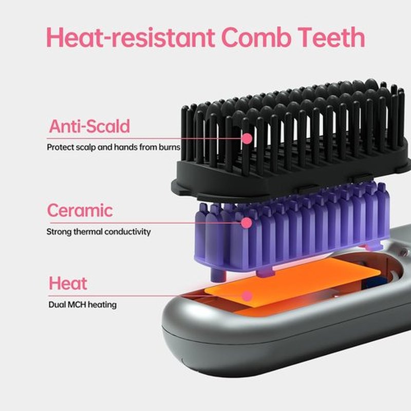 Skiennix Cordless Hair Straightener Brush - Portable Comb with 9600mAh Battery, Plasma Technology, 9 Temp Settings & LED Display - Ideal for Travel & Home (Grey)