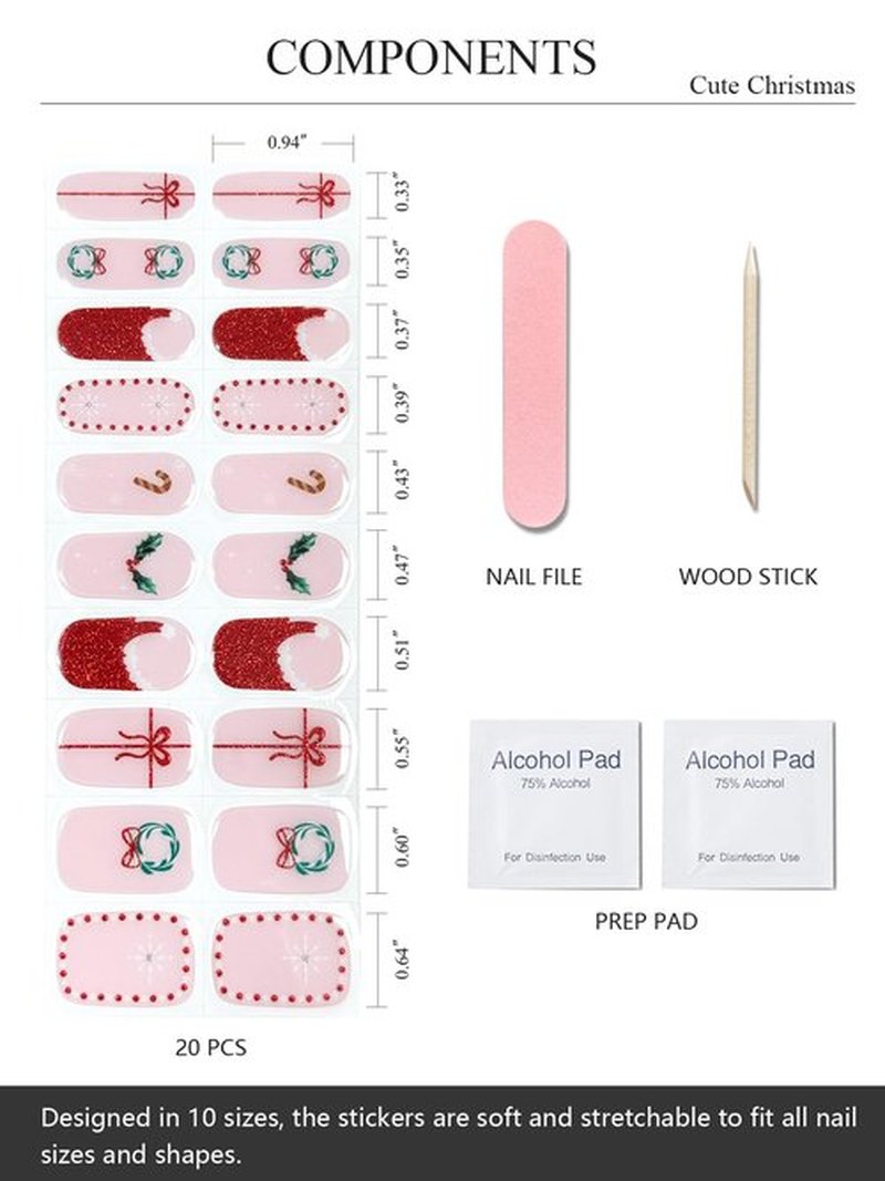 AutyaMee Semi Cured Gel Nail Strips (Cute Christmas), Red Santa Hat, 20 Pcs Gel Nail Wraps, Stickers, Wreath, Snowflake, Candy Cane, Works with Any UV Lamps