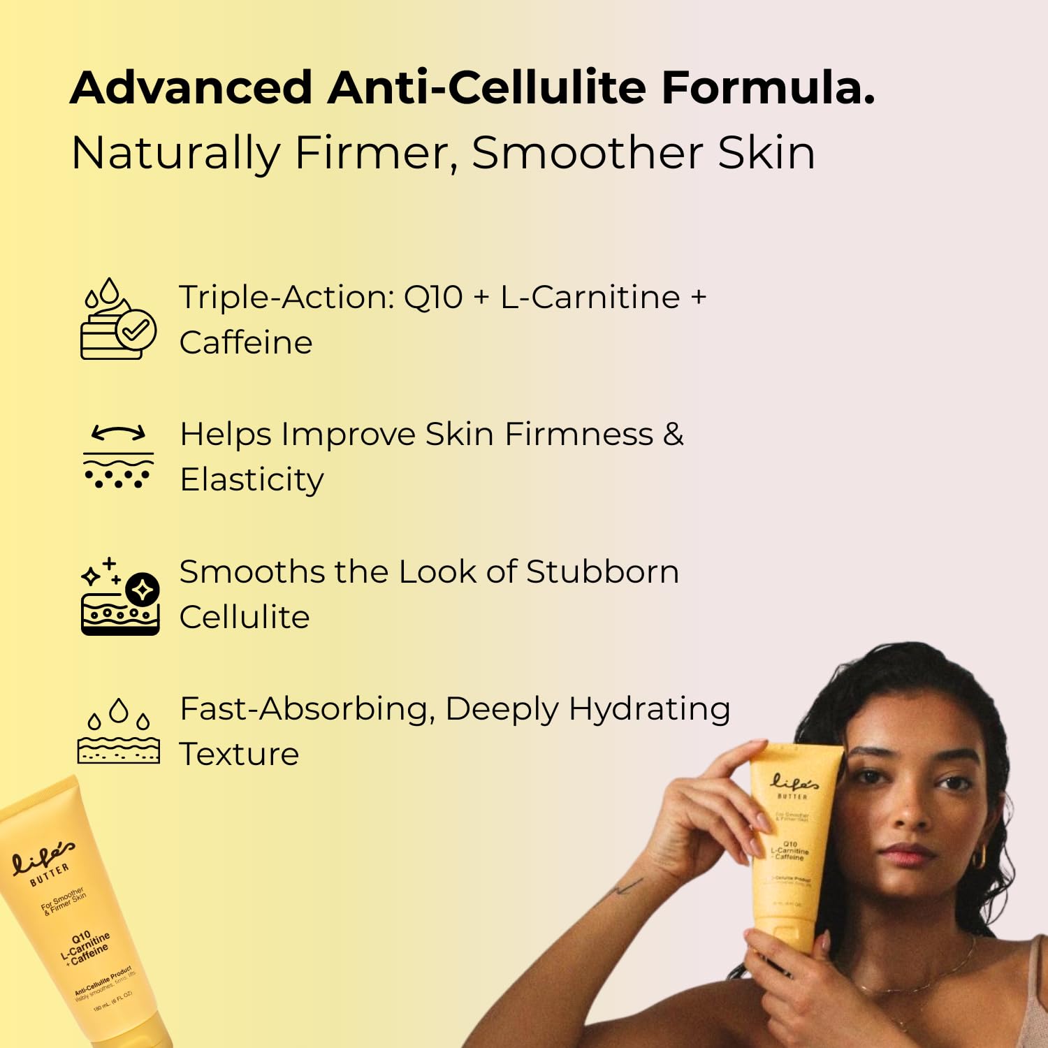 Life's Butter Anti-Cellulite Cream - 100% Natural - Made in USA - Cruelty-Free - Hypoallergenic - Best Cellulite Reduction - Skin Firming + Tightening for Women L-Carnitine + CoQ10 + Caffeine 6 fl oz