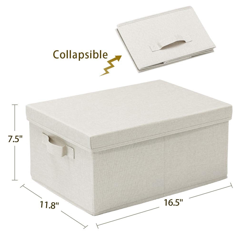 HOONEX Foldable Storage Bins with Lids, 2 Pack, Storage Boxes with Carrying Handles and Sturdy Heavy Cardboard, 16.5" L x 11.8" W x 7.5" H for Shoes, Books, Clothes, Beige