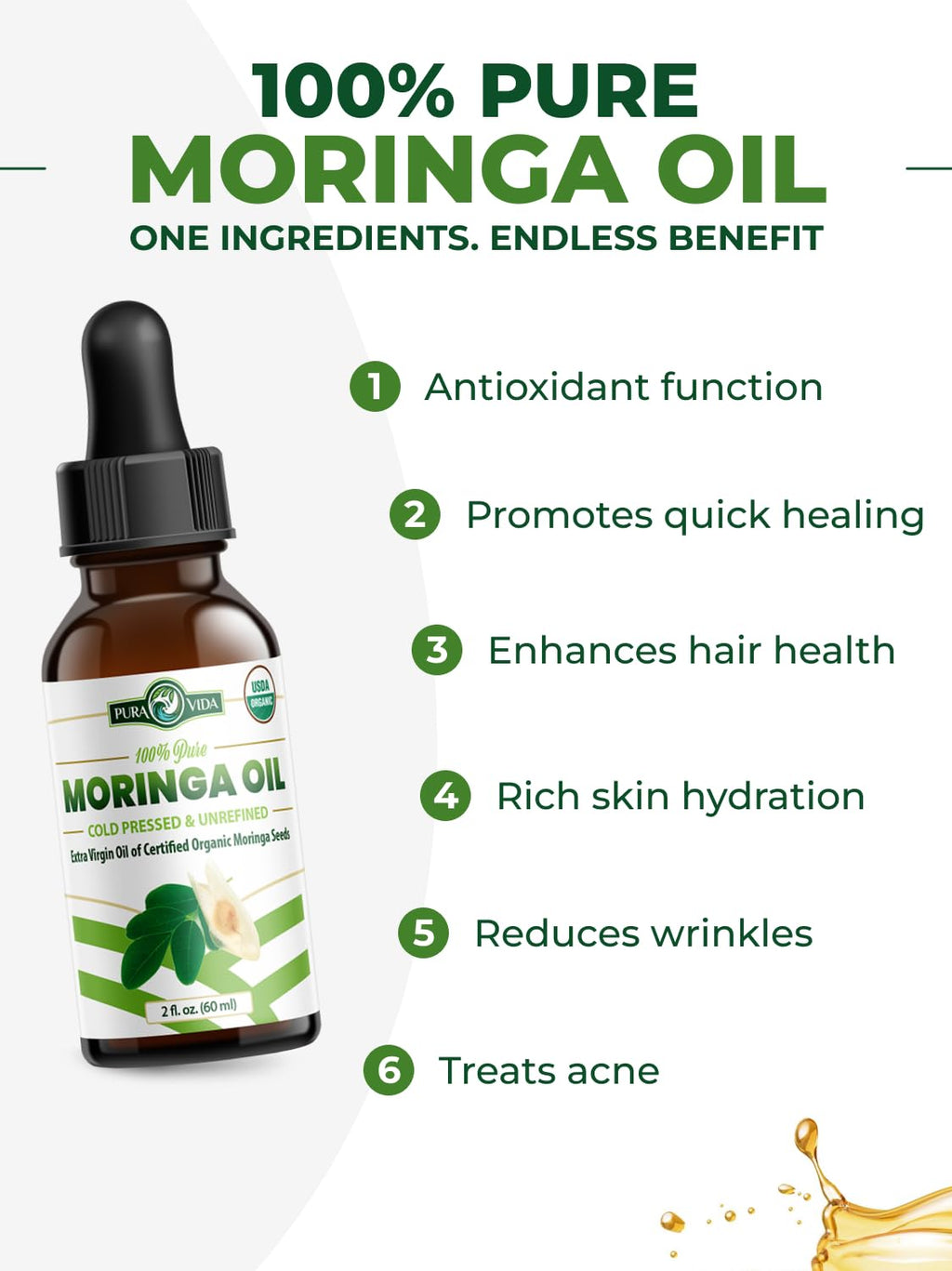 USDA Organic Moringa Seed Oil: 100% Pure, Cold Pressed, Unrefined Moringa Oleifera Seed Oil. 2 oz Bottle with Treatment Pump. For Skin and Hair - Food Grade for Oral Consumption