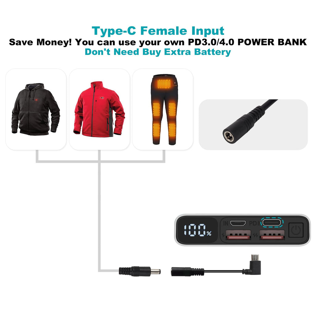 Smarkey 12V Heated Jacket Battery Step-Up Adapter Charger Cable Compatible with Milwaukee, M12, Makita, Snapon, Metabo, Craftsman, AEG Gear (TypeC Stepup 12V 15cm Cable)