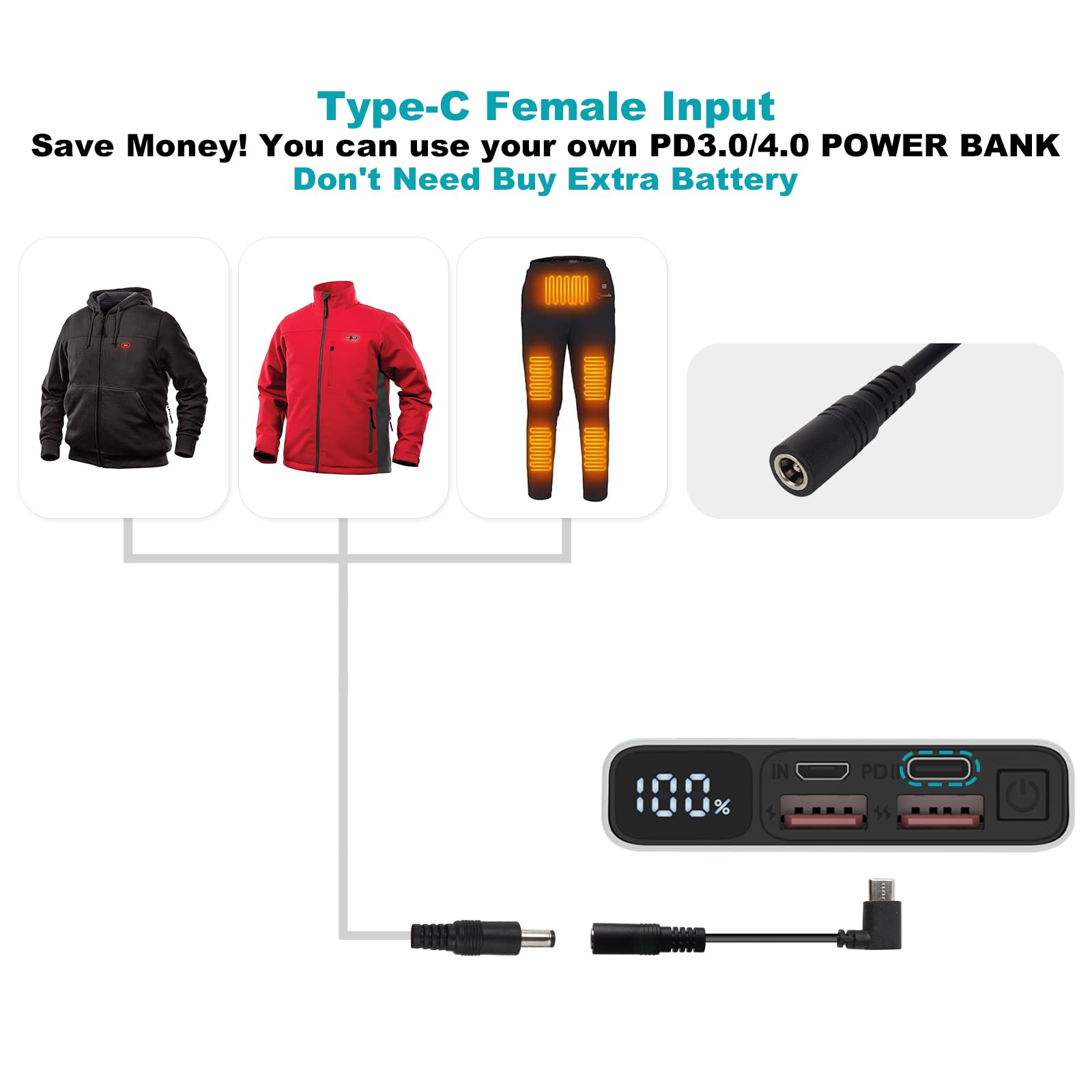 Smarkey 12V Heated Jacket Battery Step-Up Adapter Charger Cable Compatible with Milwaukee, M12, Makita, Snapon, Metabo, Craftsman, AEG Gear (TypeC Stepup 12V 15cm Cable)