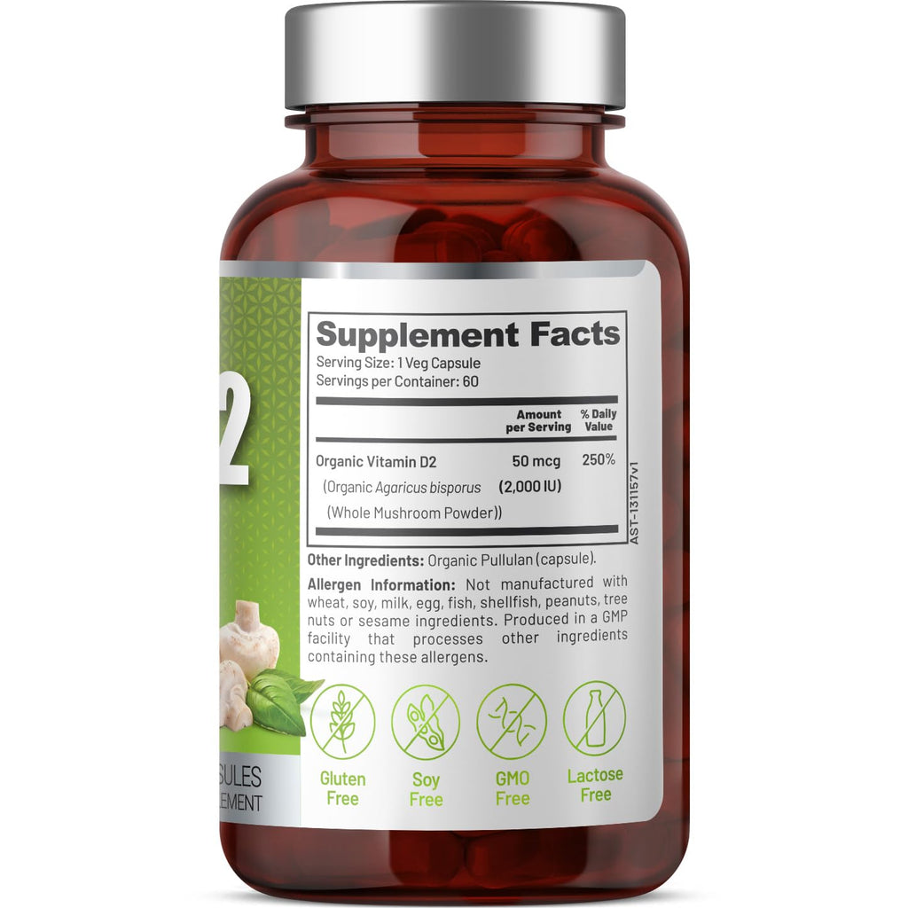 EAT Intact USDA Organic Vegan Whole Food Vitamin D (D2), 2000 IU (50 mcg), Bone & Immune Support, UV-Exposed Whole Mushroom, 2 Ingredients, No Additives or Fillers, Third-Party Tested, 60 Day Supply.