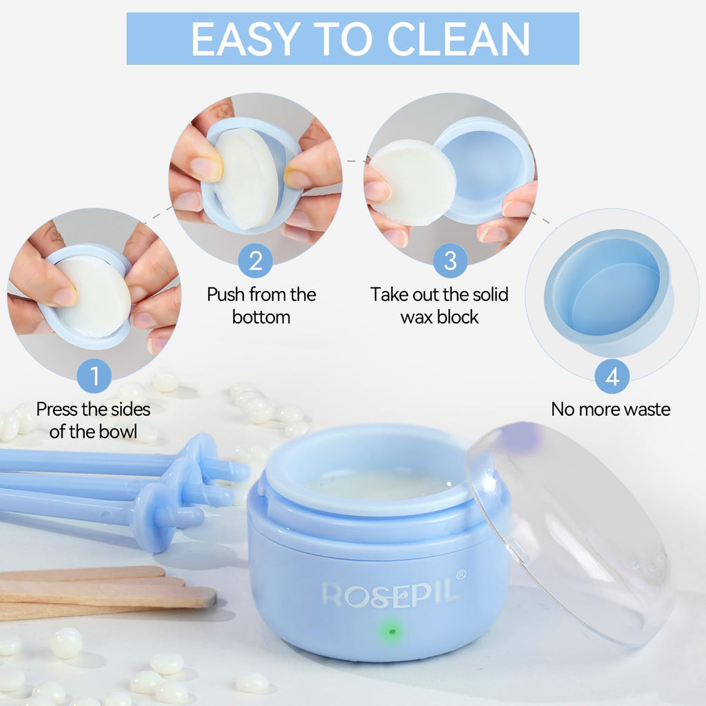 Rosepil Nose Ear Eyebrow Upper Lip Waxing Kit for Men & Women - 50g Wax, 6 Sticks, 6 Nose Applicators, Portable Wax Warmer with Smart Temp Control & Red/Green Light Guidance, Multi-Use Home & Travel