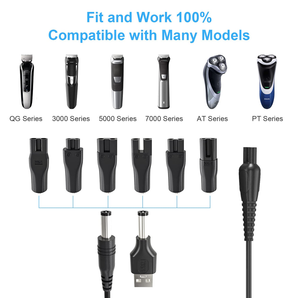 SoulBay 5V USB Charging Power Cord for Electric Beard Trimmer Hair Clippers Mens Womens Razor Shaver, Includes 6pcs Connectors, 1pc 15V Power Cord for Philips Shavers & 1pc USB to 5.5 * 2.1mm Adapter