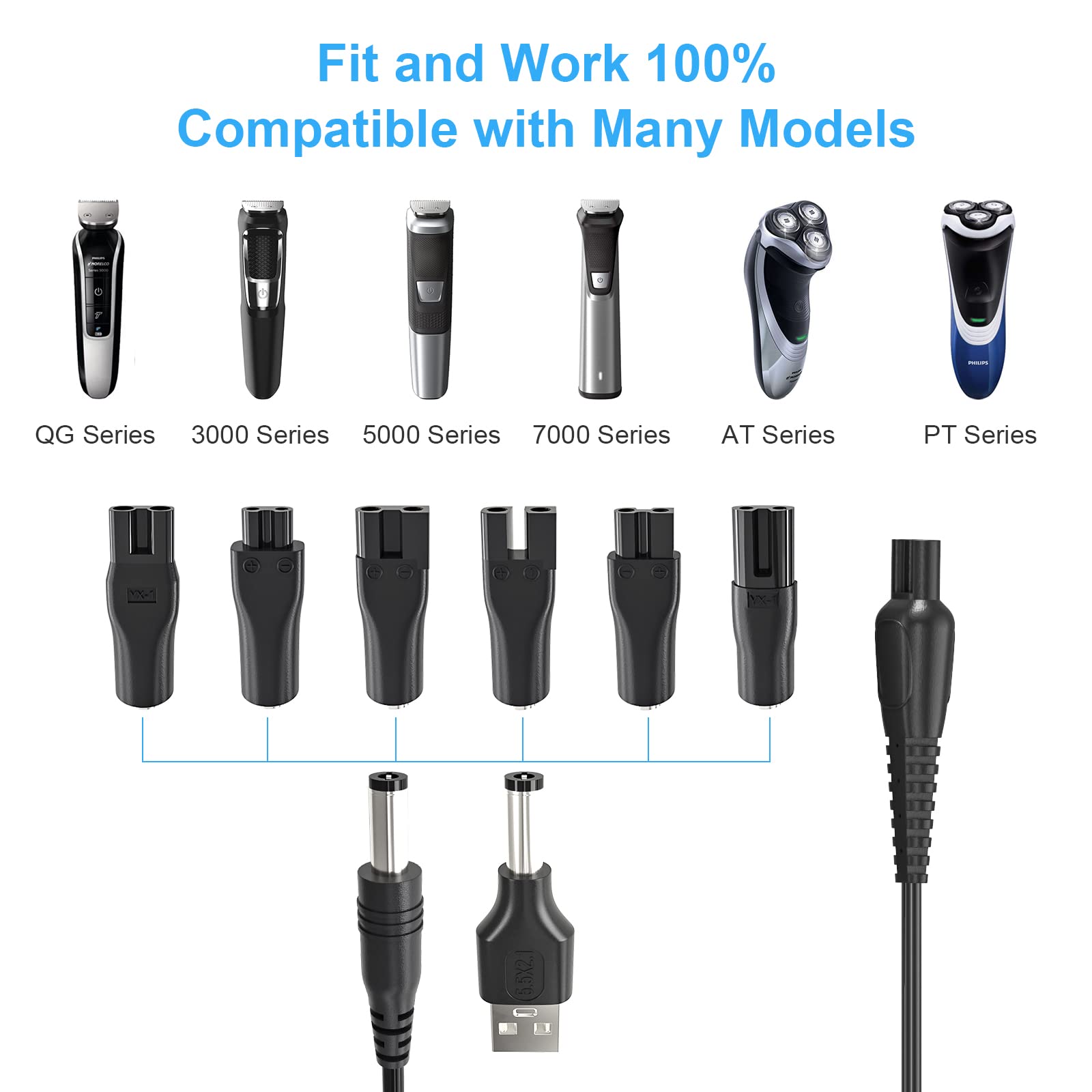 SoulBay 5V USB Charging Power Cord for Electric Beard Trimmer Hair Clippers Mens Womens Razor Shaver, Includes 6pcs Connectors, 1pc 15V Power Cord for Philips Shavers & 1pc USB to 5.5 * 2.1mm Adapter