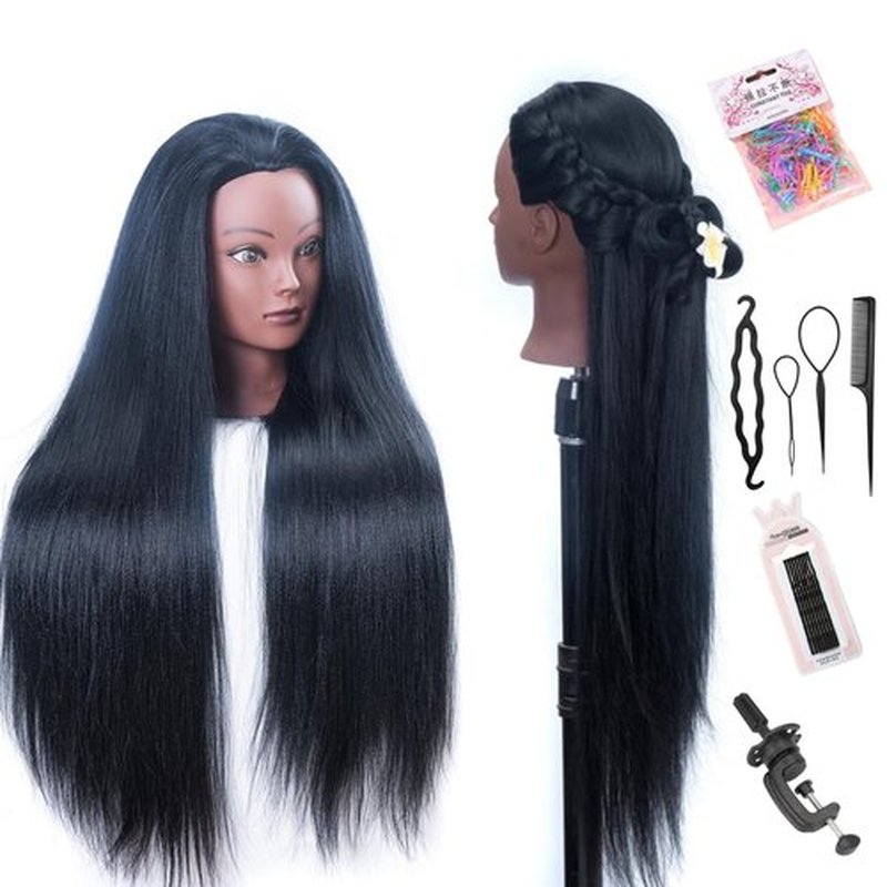 Mannequin Head with Hair 26" mannequin doll head styling manikin head Cosmetology Doll Head Multicolored Synthetic Fiber Hair Table Clamp Stand Included)(black YK)
