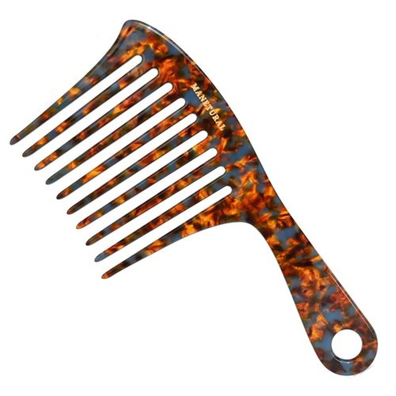 MANETURAL D1 | Large wide tooth Handle comb for Curly Hair, 7.4 Inch Mustache and Beard Comb for Men | Elevates, Preserves Curl, Eliminates frizz | Acetate comb (Tortoise)