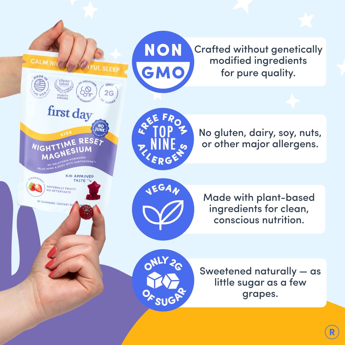 FIRST DAY Kids Magnesium Citrate Gummies (Ages 4+) with No Melatonin | Calm Kids Magnesium Gummies | Bedtime Supplement for Better Sleep with Suntheanine® L-Theanine | Strawberry | 30-Days Supply