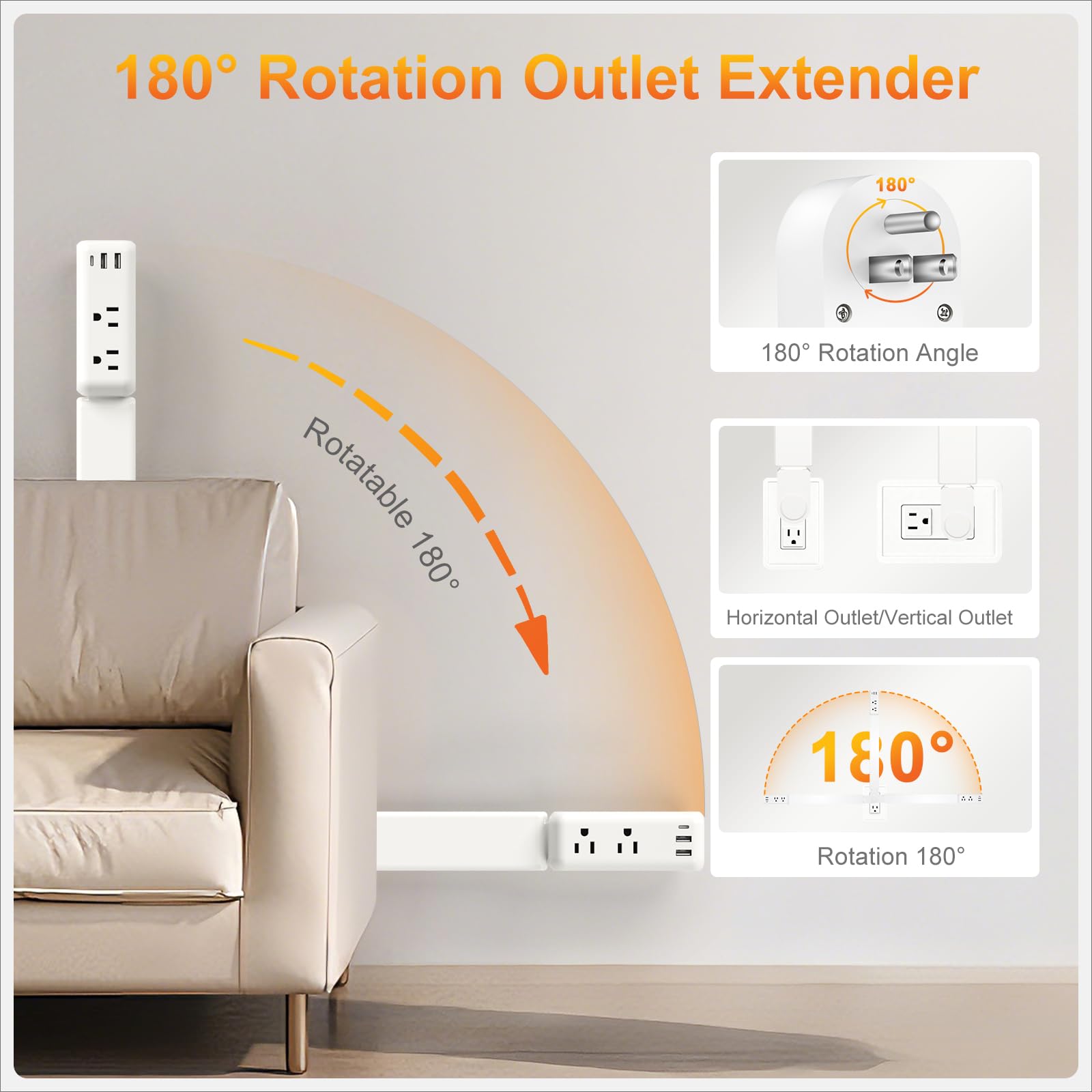Outlet Extender, Electrical Outlet Extender Stick 22-34" Extendable 180° Rotating Wall Charger, EDIEBE USB C Power Socket Expander with 2 AC, 2 USB-A & 1 USB-C for Home Office Behind Couch