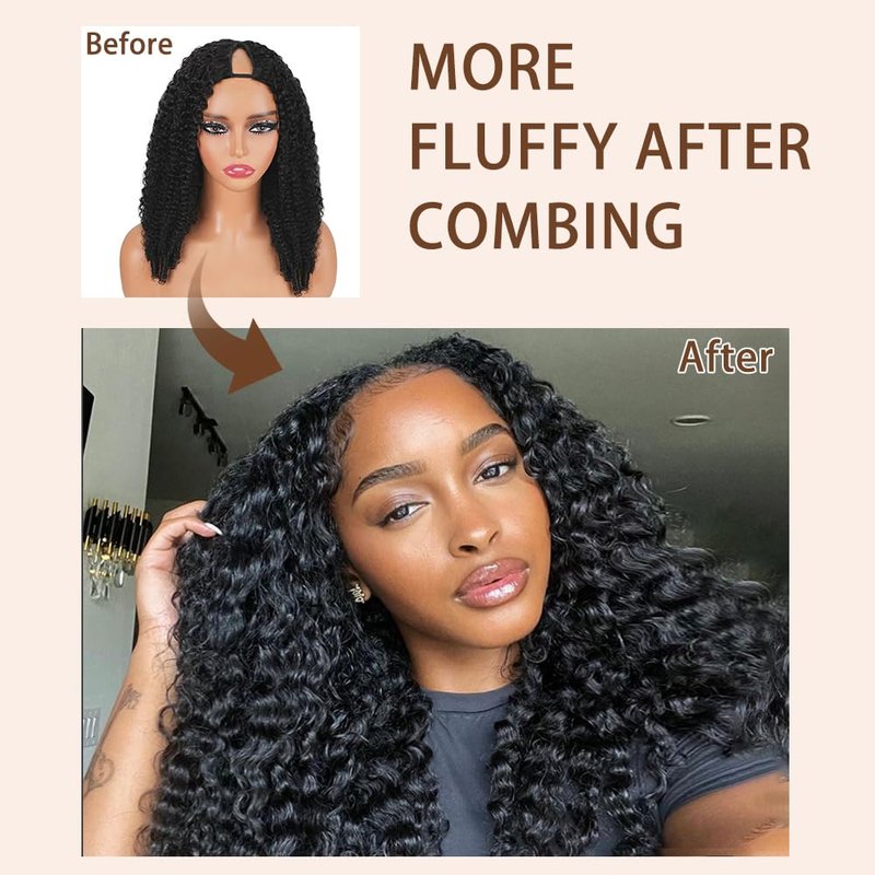 V Part Burmese Curly Wig Human Hair 200% Density Upgrade U Part Wig with Drawstring No Leave Out Glueless V Shape Full Head Clip In Half Wig Curly Human Hair Wig for Black Women Natural Color 16 Inch