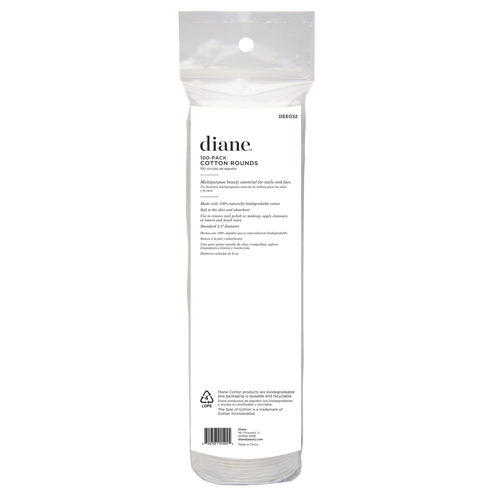 Diane Multi-Layer Cotton Rounds, 100 count, 100% Pure Cotton, Premium, Hypoallergenic, Biodegradable, Strong and Durable Makeup and Nail Polish Removal Wipes