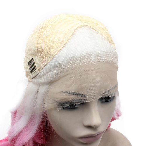 Aurssa Long Wavy Ombre Pink Synthetic Lace Front Wig Half Hand Tied Heat Resistant Fiber Hair Cosplay Wig
