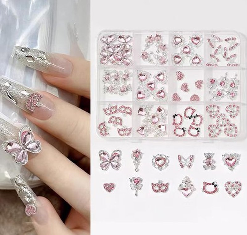 COOSLIM 60 Pcs Heart Nail Charms, Rhinestone Pink Butterflies Nail Art Gems, Star Heart Butterfly Charms Decorations Sailor Moon Acrylic Nail Accessories for Women DIY Crafts 1