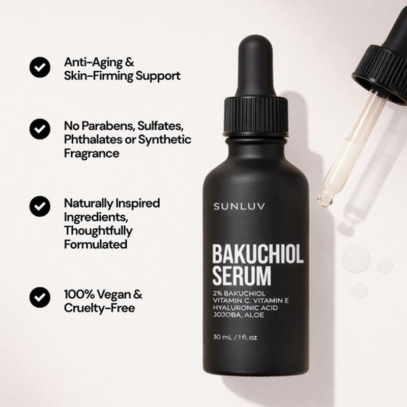 SUNLUV Bakuchiol Serum for Face - 2% Retinol Alternative with Hyaluronic Acid & Vitamin C | Anti-Aging, Hydrating, Plumping | 1 oz