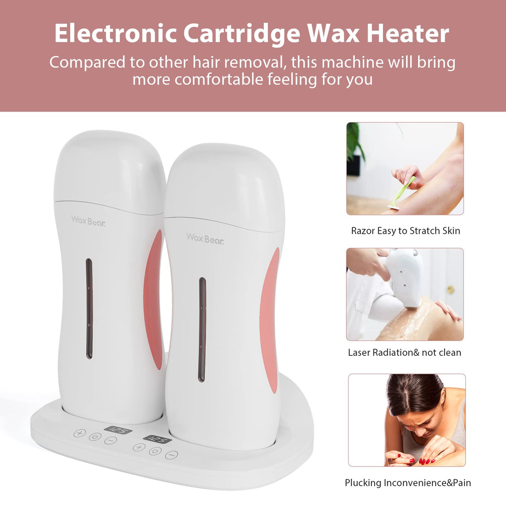 Wax Bear Roll On Wax Warmer with Double Roller for Soft Wax Cartridges, Magnetic Heating Base for Hair Removal at Home or Salon (White)