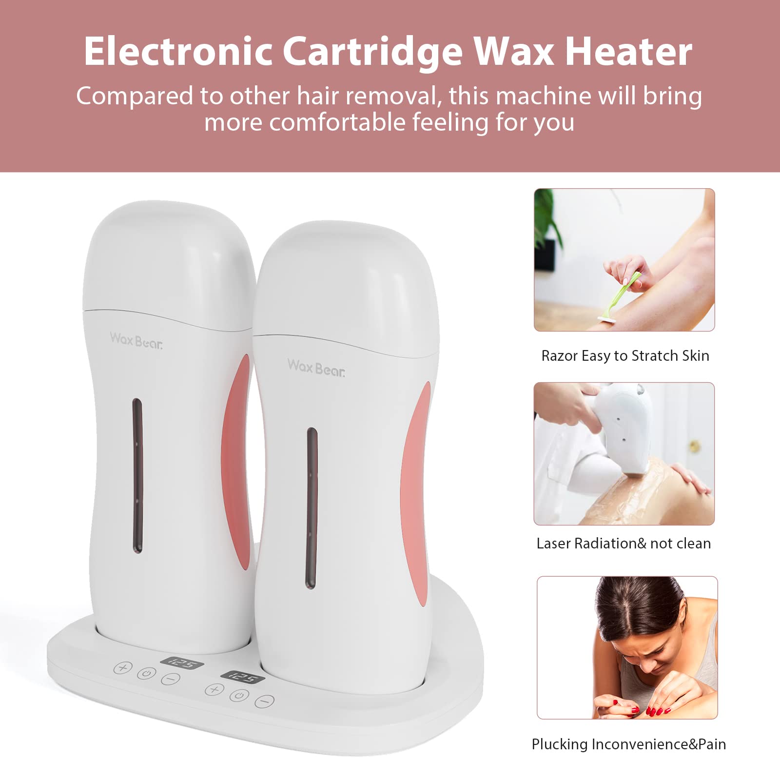 Wax Bear Roll On Wax Warmer with Double Roller for Soft Wax Cartridges, Magnetic Heating Base for Hair Removal at Home or Salon (White)