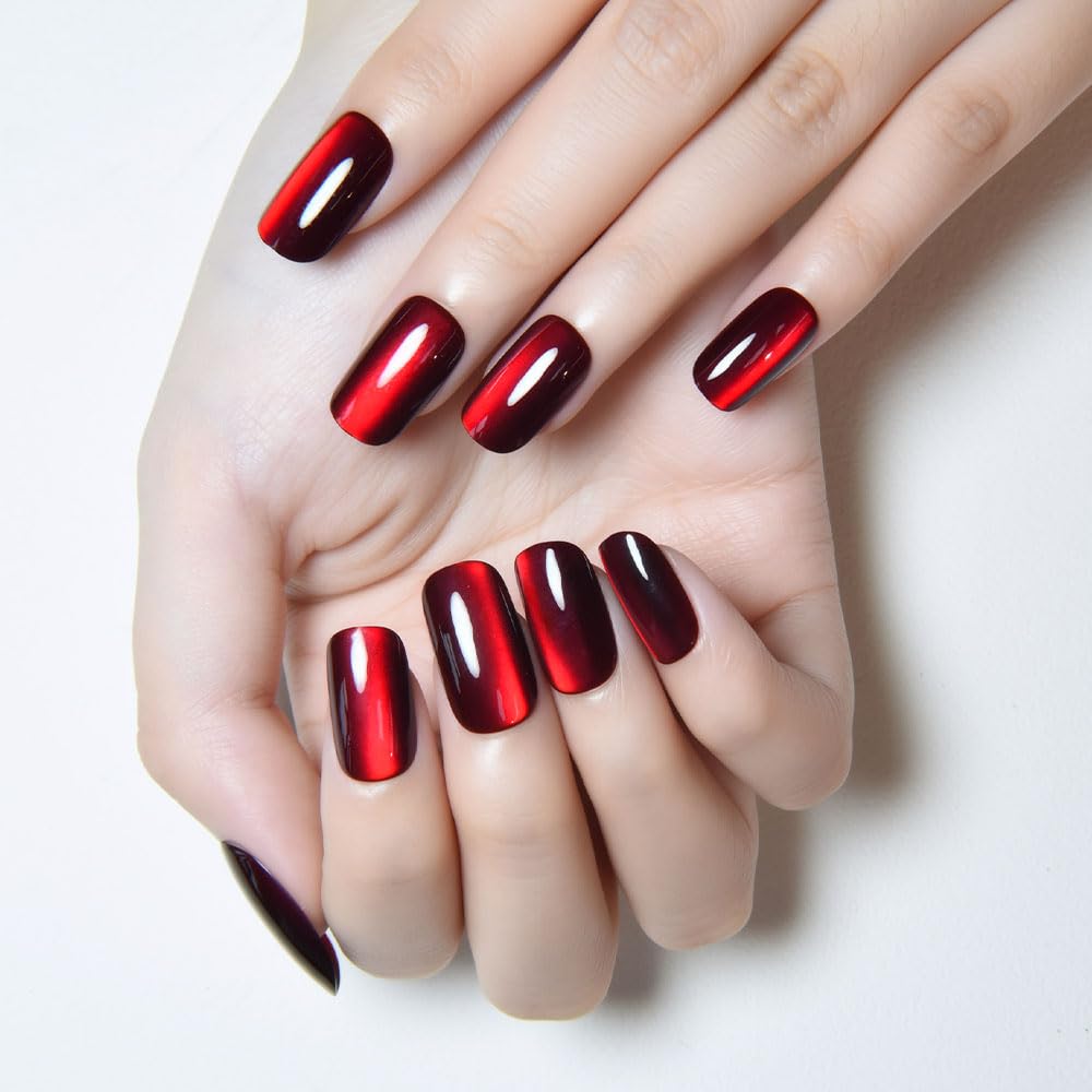 XZMeiLun Cat Eye Dark Red Press On Nails Medium Long Length Square, Designer Reusable Acrylic Fake Nail with Glue, Glossy Gel Nails Wedding Party, Stick On Glue On Nail, Nails Press Ons for Women