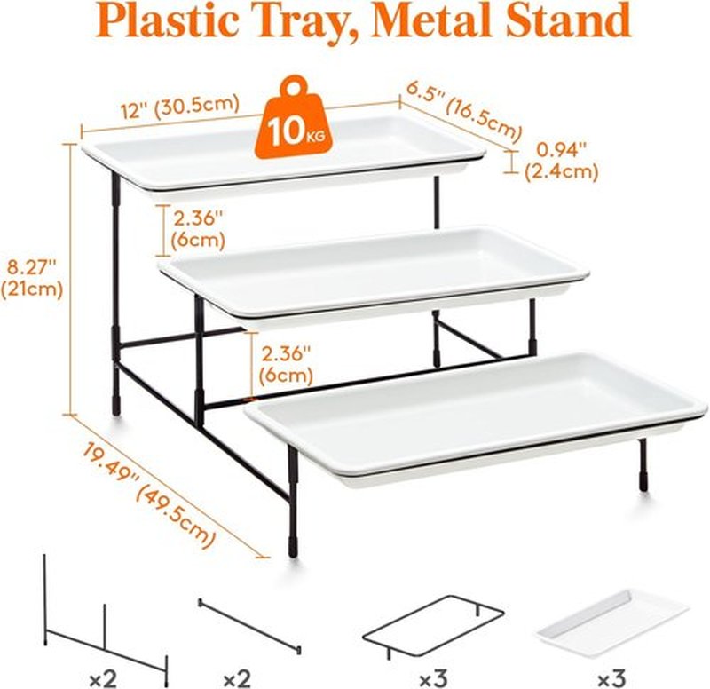Lifewit 3-Tier Serving Tray - White Plastic Tiered Food Platter with Black Metal Stand | 30 x 17 cm
