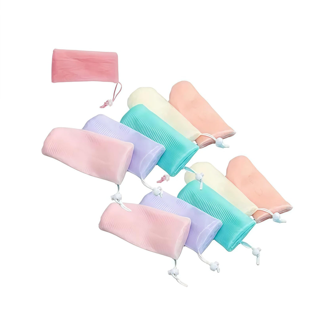SelHeng 12Pcs Random Color Exfoliating Mesh Soap Pouch Bubble Foam Net Bag for Body Facial Cleaning Tool,for Shower Saver Pouch Drawstring Foaming Net Soap Bag Used Repeatedly Easy to Store Cleansers