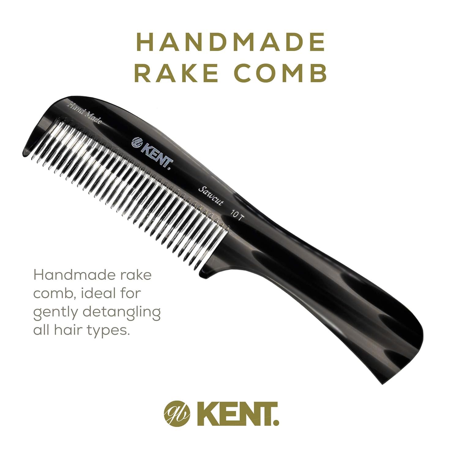 Kent 10T Black Graphite Large Detangler Comb, Wide Tooth Comb for Wet and Dry Curly Hair, Rake Combs for Women With Thick Hair, Saw-Cut and Hand Polished, Handmade in England