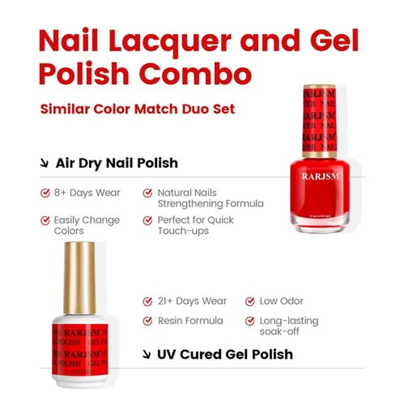 RARJSM Red Gel Nail Polish Set - 2pcs Bright Red Air Dry Lacquer & Opaque Gel for DIY Nail Art | 15ml