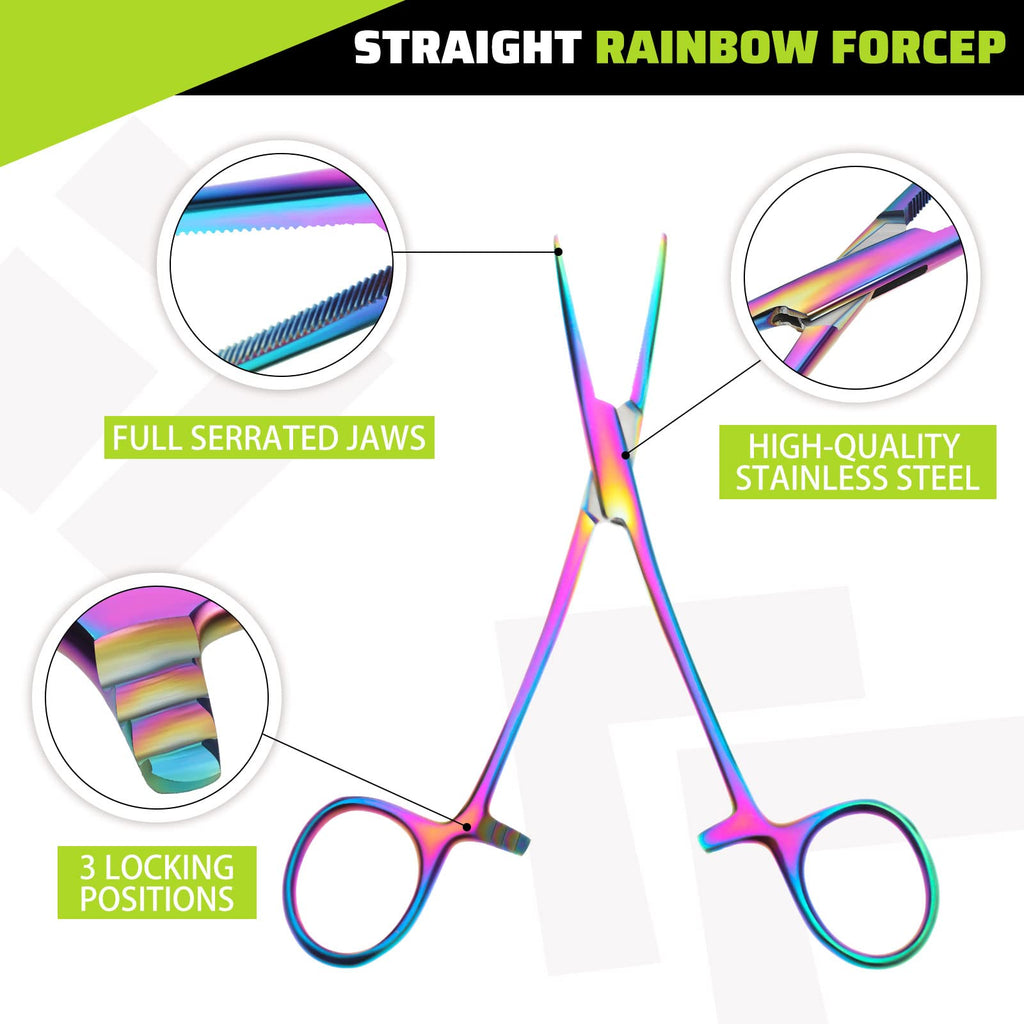 BBTO 2 Pieces Hemostat Curved and Straight Rainbow Hemostat Forceps Piercing Pliers Forceps, 7.1 Inch Stainless Steel Straight and Curved Pliers, Fishing Tweezer