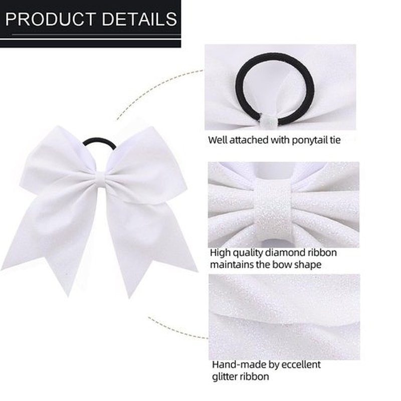 16 PCS Large Glitter White Cheer Hair Bows, Shiny Cheerleading Bows Ponytail Holder for Cheerleader Girls Softball Sports and Christmas Tree Decor (Glitter White)
