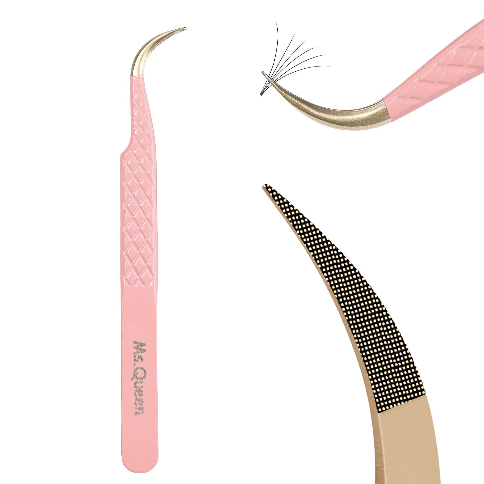 Ms.Queen Eyelash Extension Tweezers, Fiber Tip Grip Curved Lash Tweezers for Volume lashes Extensions