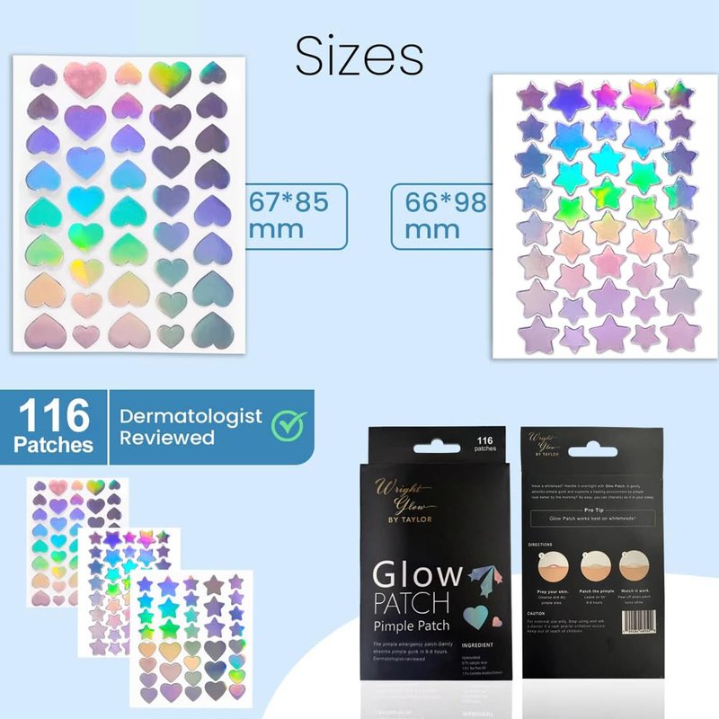 Wright Glow By Taylor Overnight Pimple Fix Patches – Natural Ingredients, Star & Heart‑Shaped Hydrocolloid Stickers, Dual Size 67‑85 mm & 66‑98 mm, 116  Patches for Clear, Confident Skin